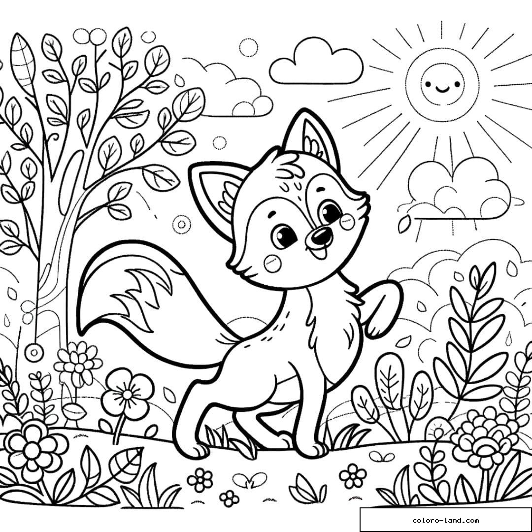 Renard profitant du printemps, dessin à colorier