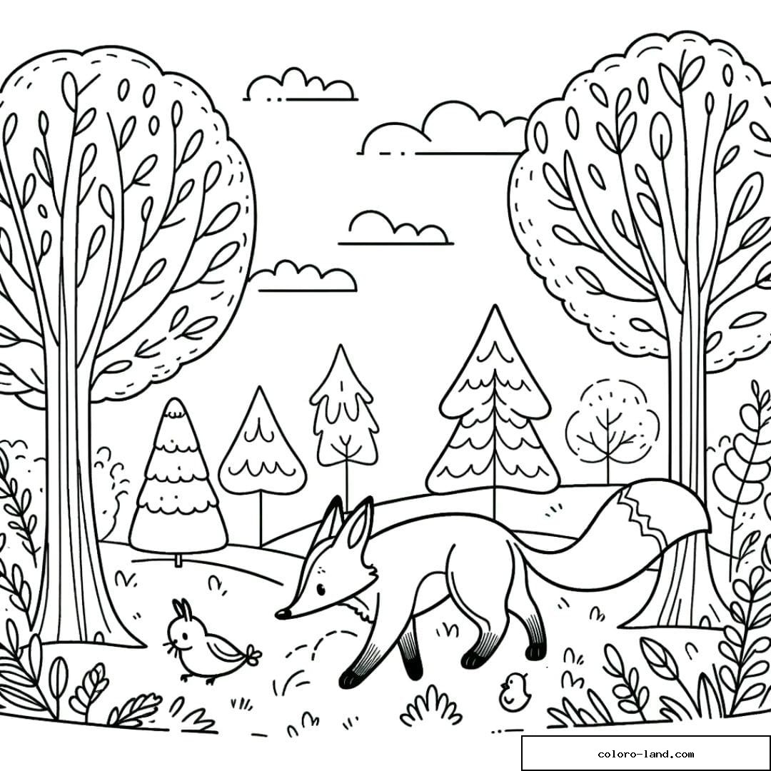 Coloriage de renard dans une forêt enchantée pour enfants