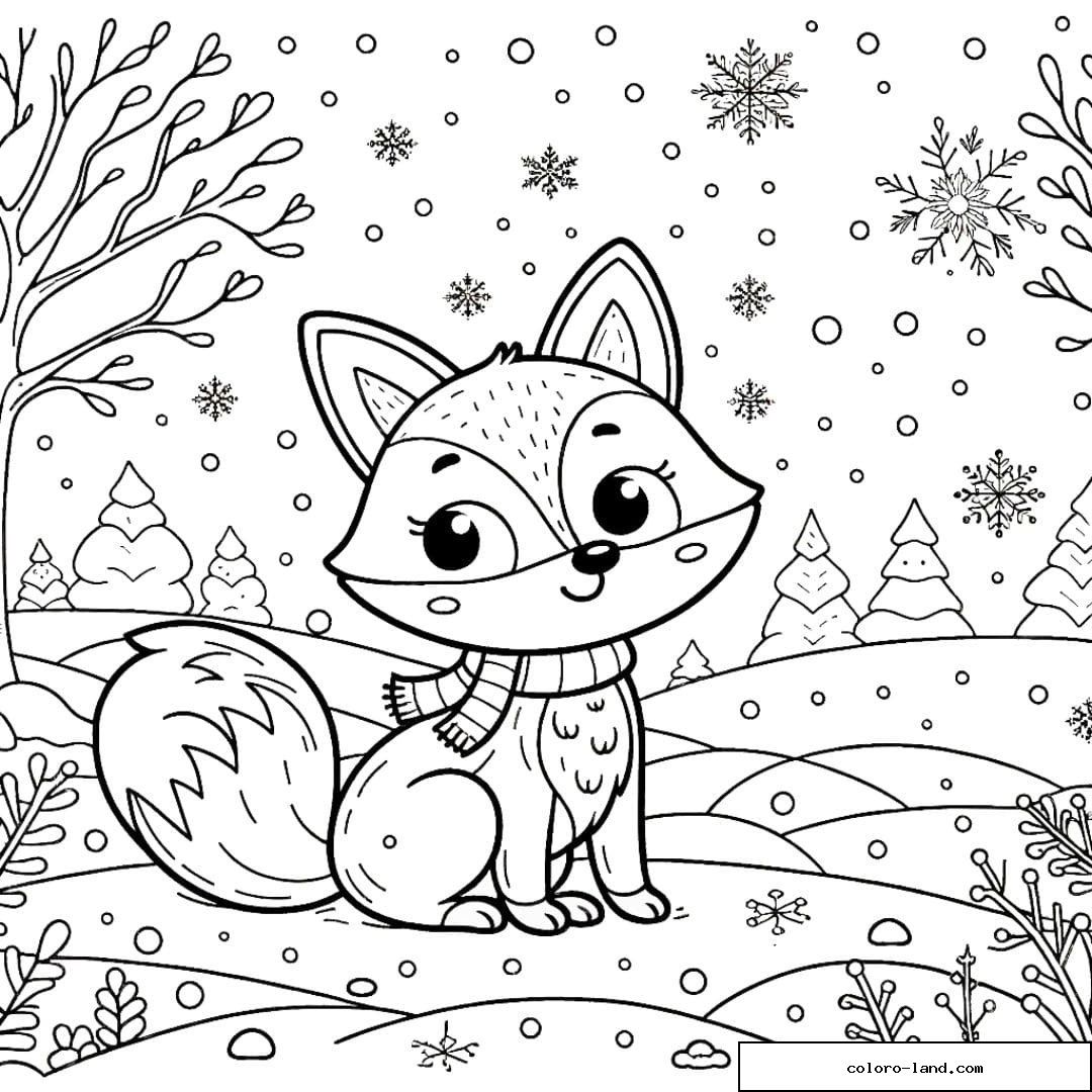 Renard dans un paysage enneigé, dessin à colorier