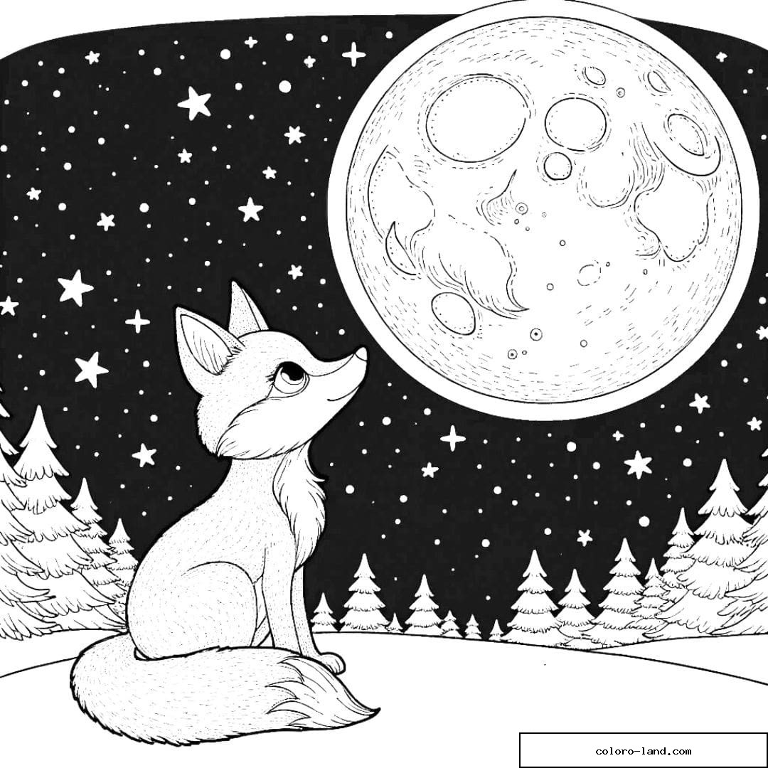 Renard admirant la lune, dessin à colorier