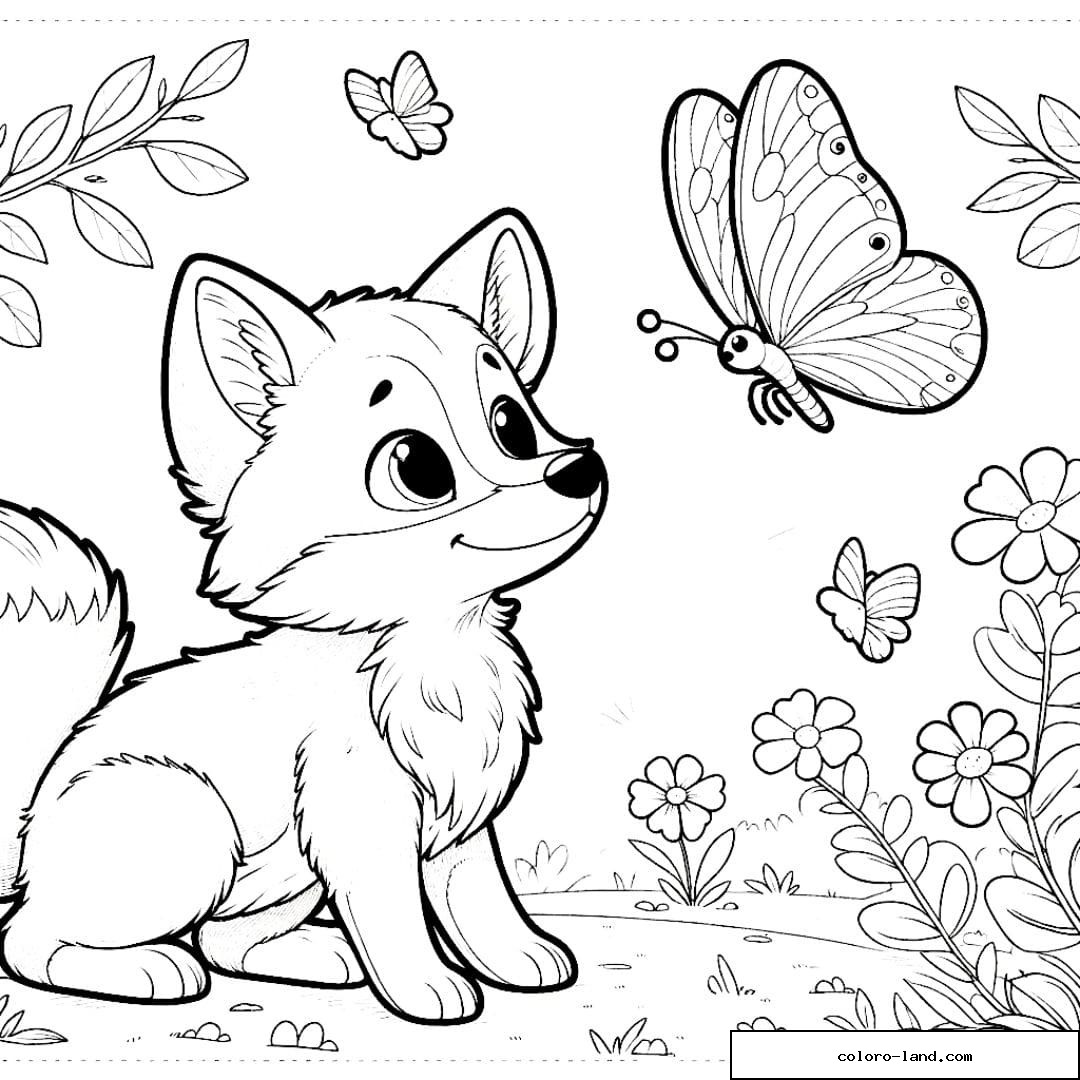 Renard jouant avec un papillon, dessin à colorier