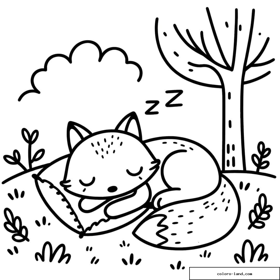 Renard dormant paisiblement, dessin à colorier pour enfants
