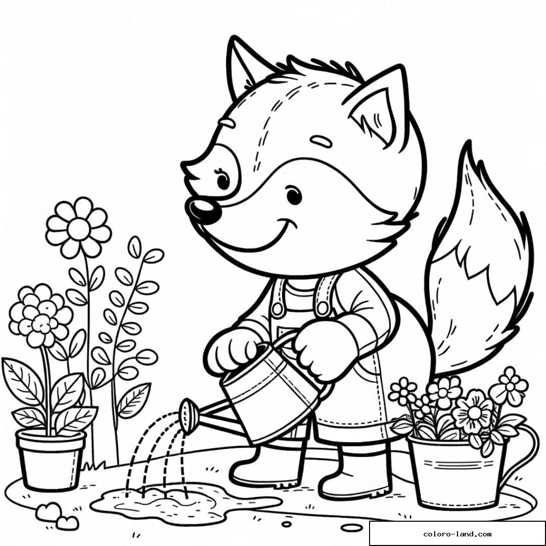 Renard plantant des fleurs, dessin à colorier