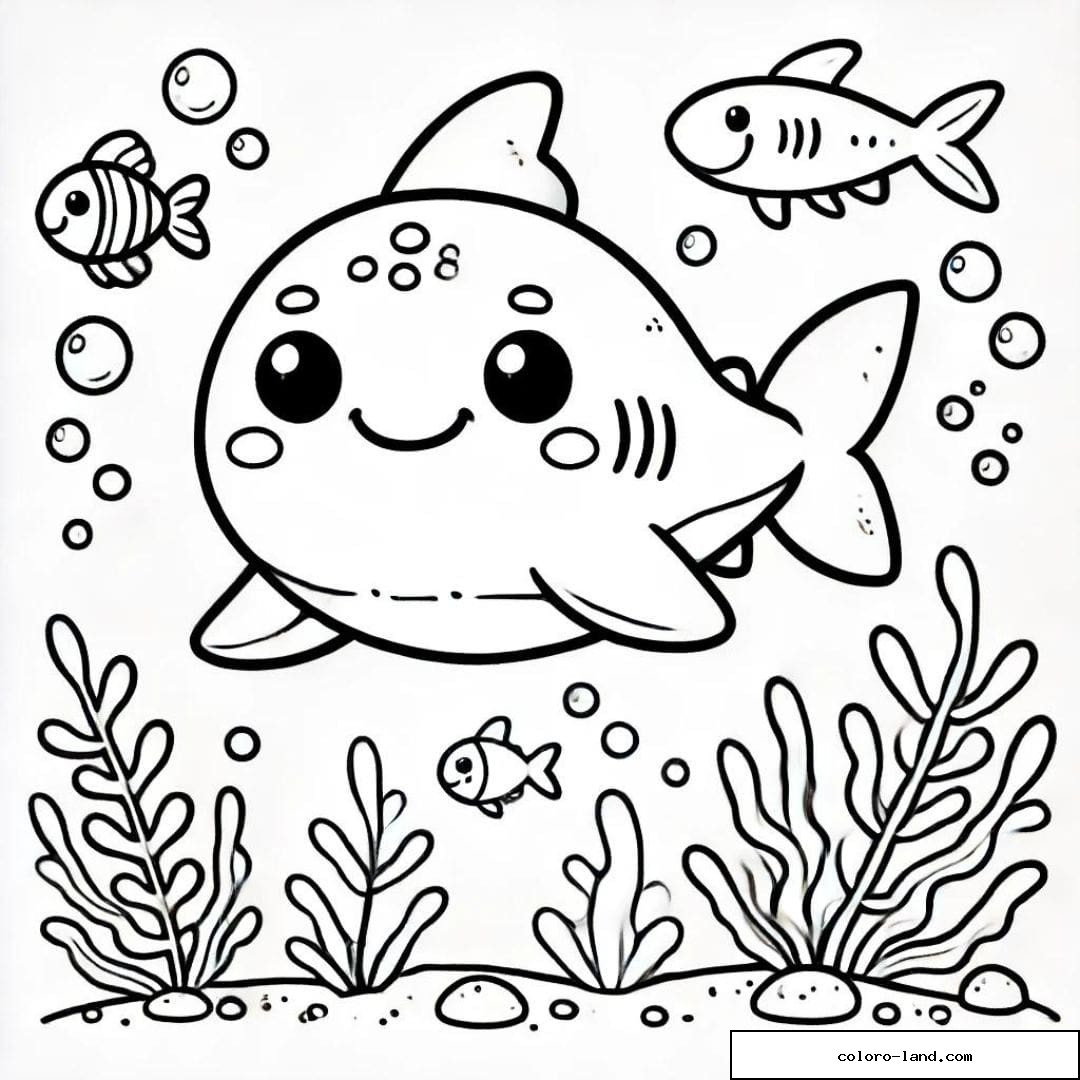 Petit requin nageant près d'un poisson rayé et de bulles