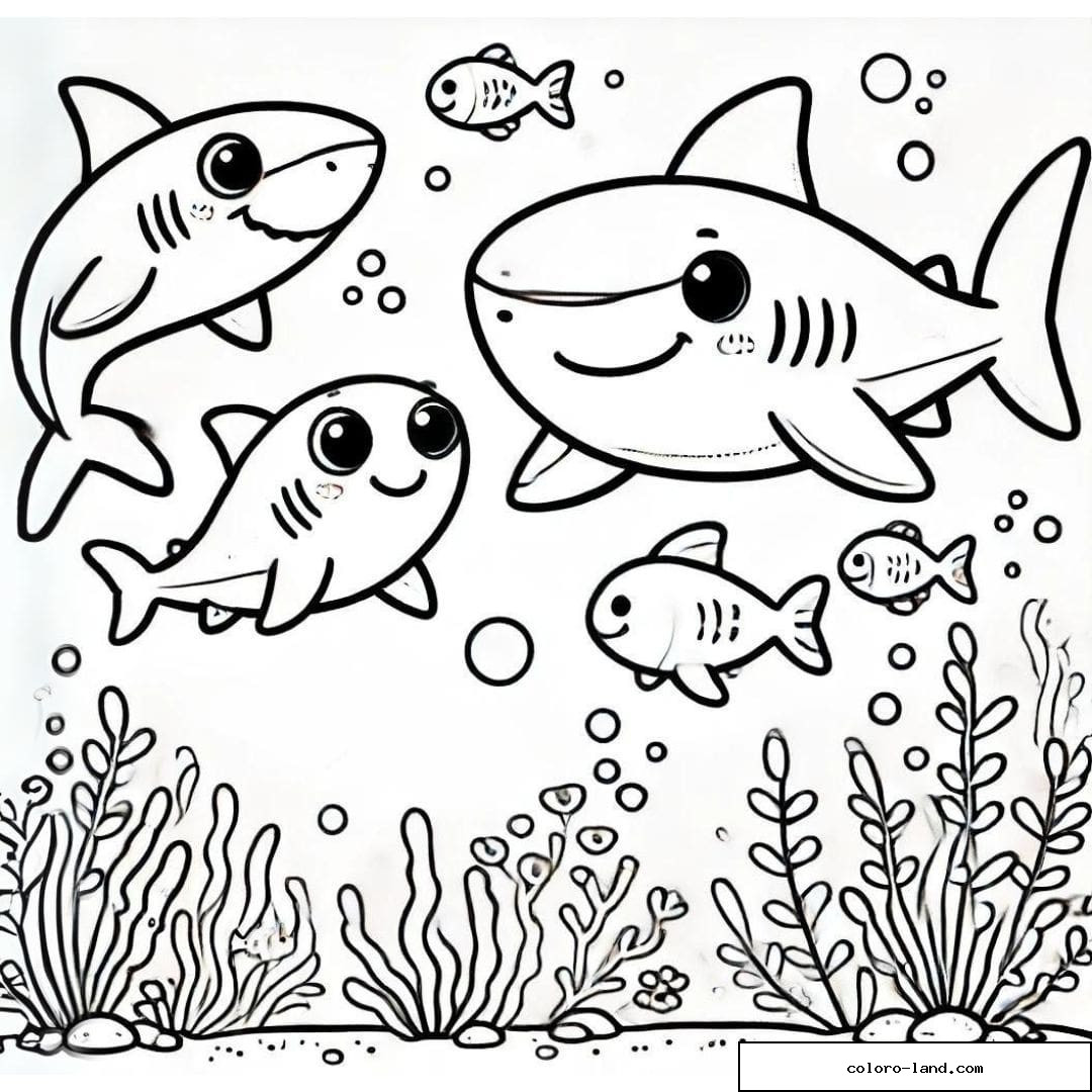 Requin kawaii et poisson coloré nageant parmi des algues