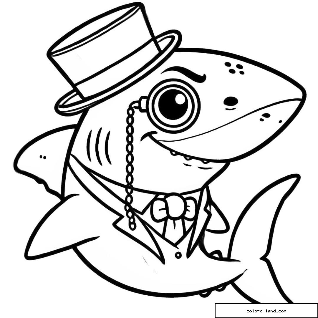 Requin en haut-de-forme portant un monocle et un nœud papillon