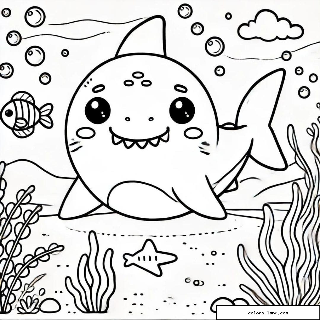 Requin kawaii posé sur du sable entouré de bulles et d'une étoile de mer