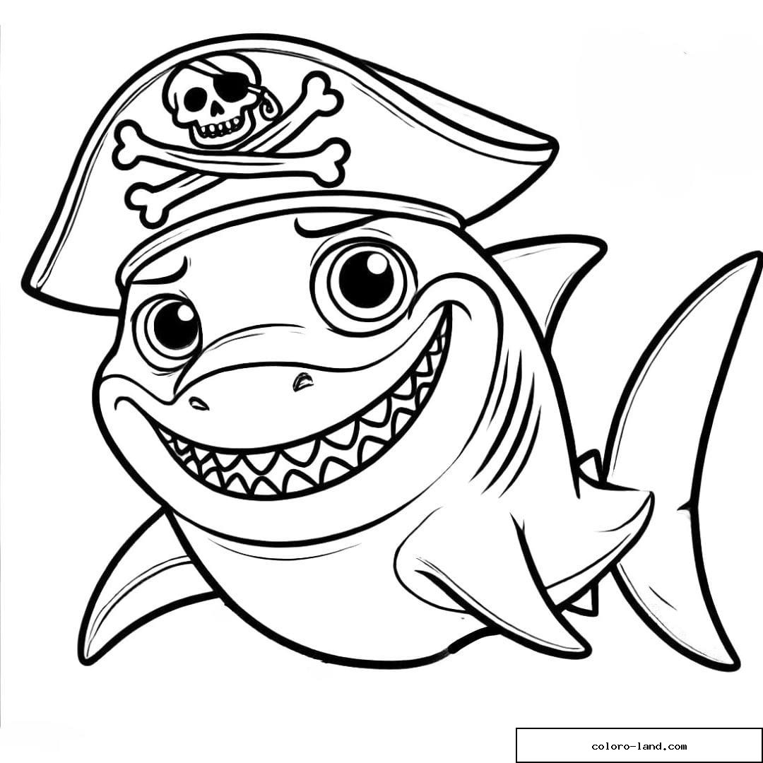 Requin souriant coiffé d'un chapeau de pirate à tête de mort