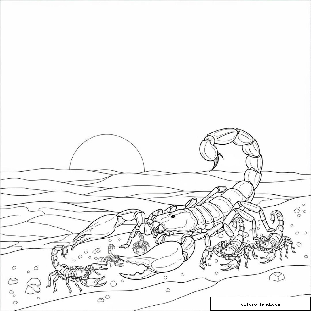 Scorpions dessinés dans un désert sous un coucher de soleil