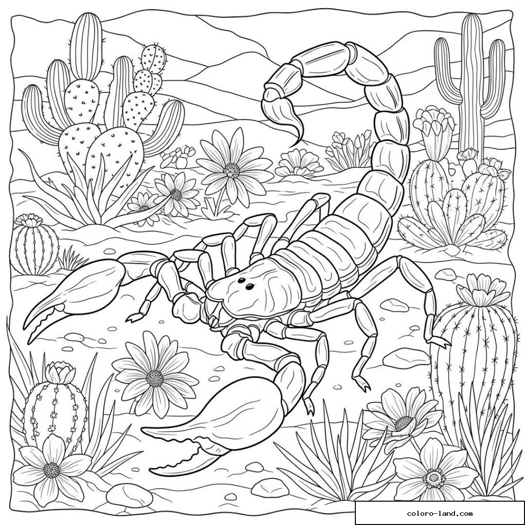 Scorpion dans le désert entouré de cactus et fleurs à colorier.