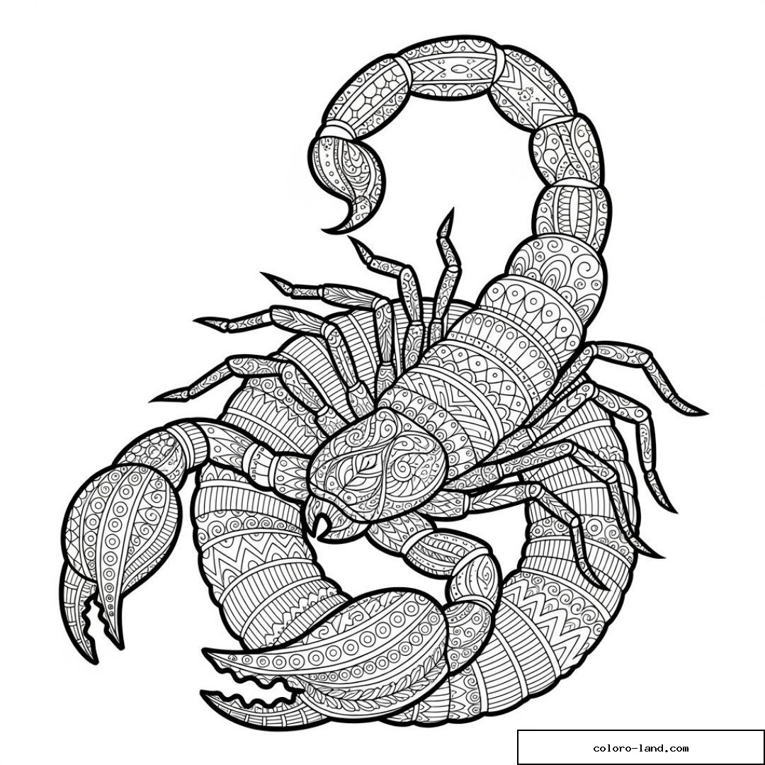 Image d'un scorpion complexe à colorier avec motifs détaillés.