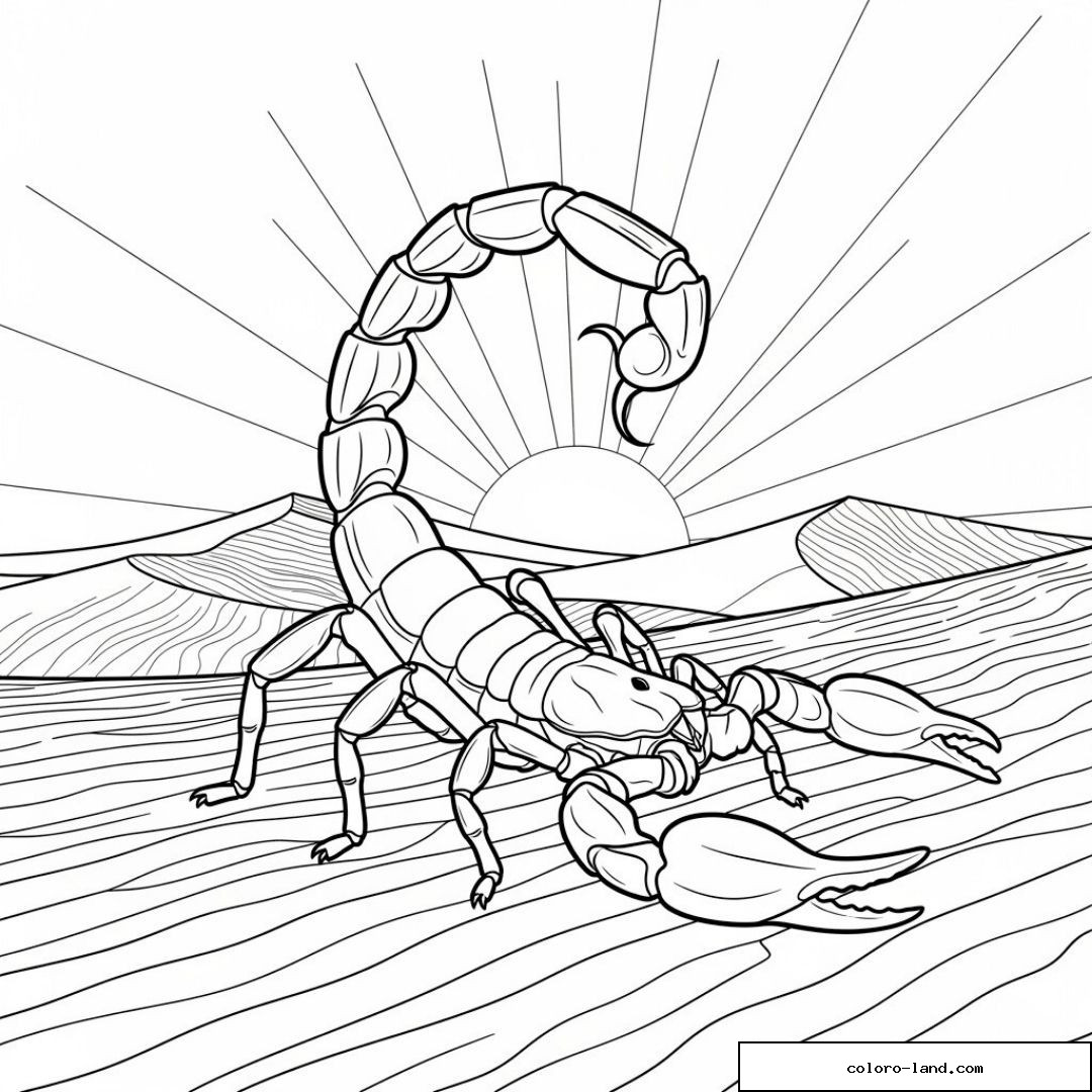 Dessin de scorpion au milieu des dunes avec coucher de soleil éclatant.
