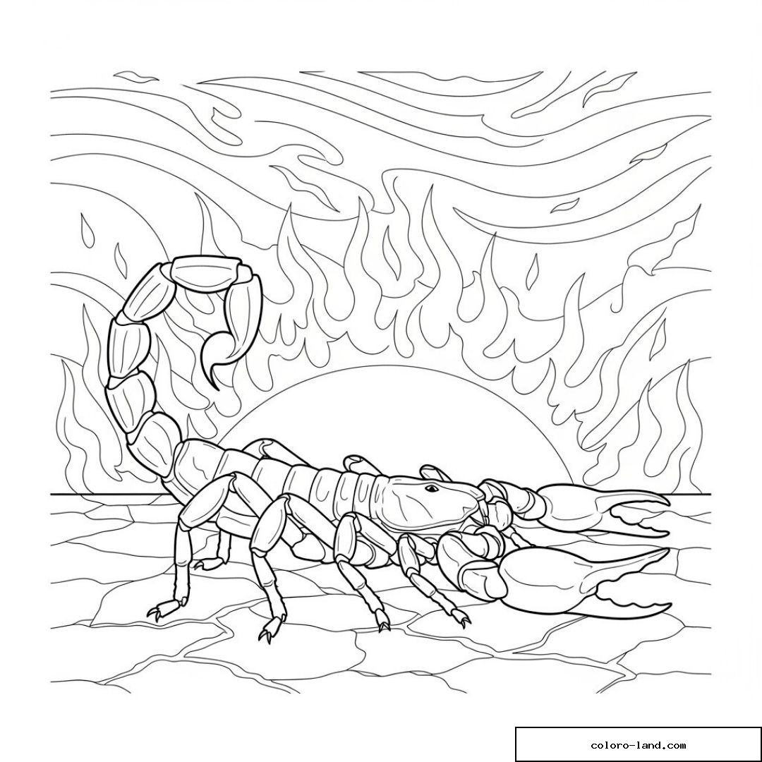 Scorpion sous un ciel enflammé avec coucher de soleil.