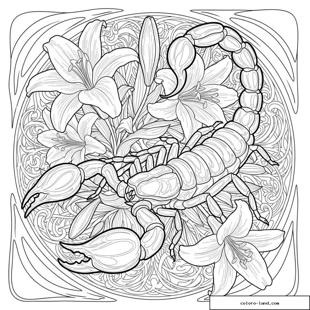 Scorpion et fleurs détaillés en mandala complexe à colorier pour détente et créativité.