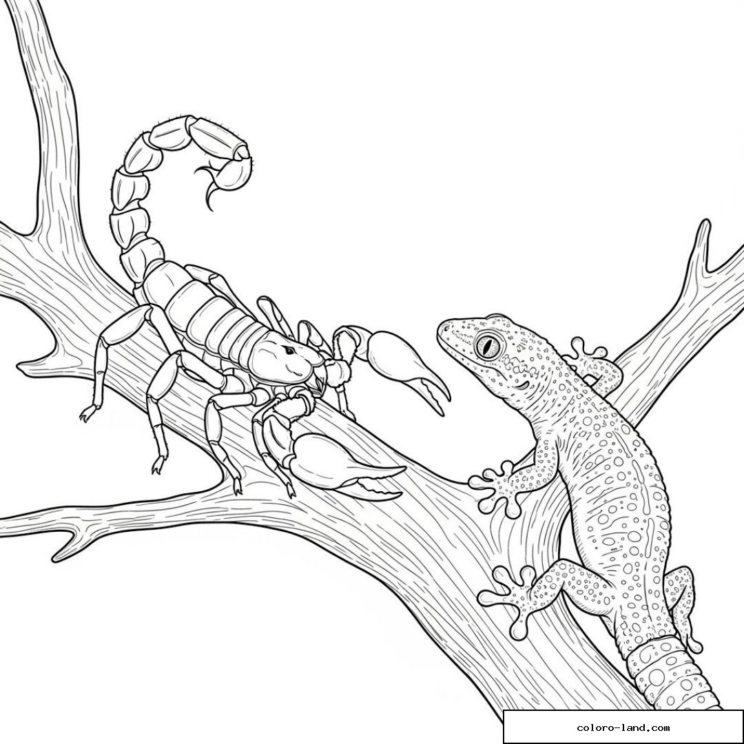Scorpion et lézard sur une branche pour coloriage
