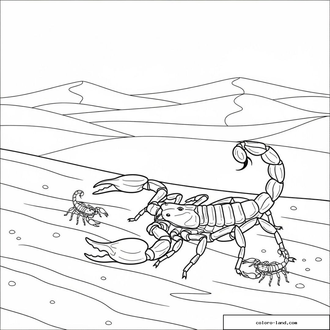 Scorpions dans le désert à colorier avec dunes et détails captivants.