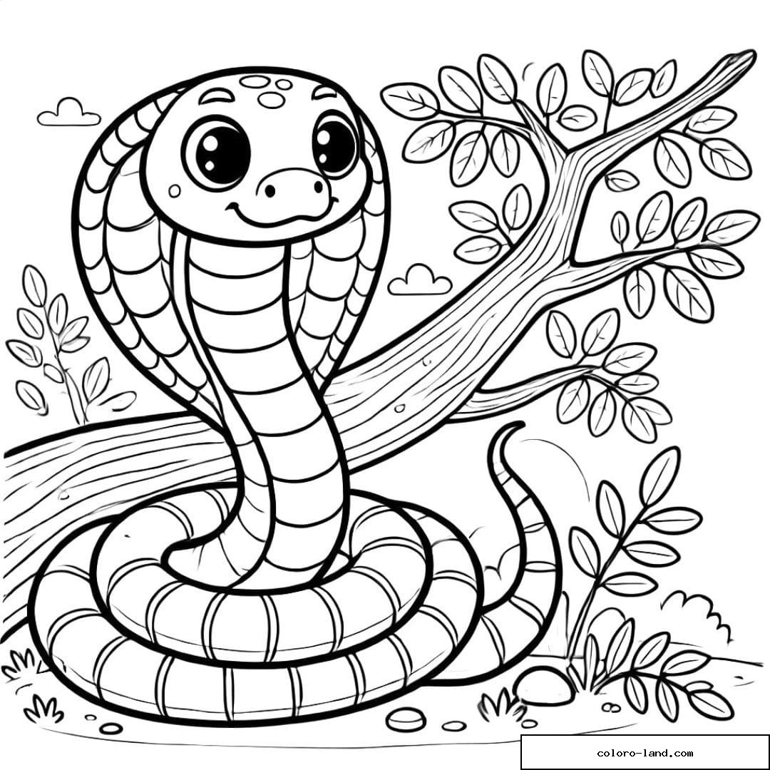 Cobra mignon dressé devant une branche feuillue