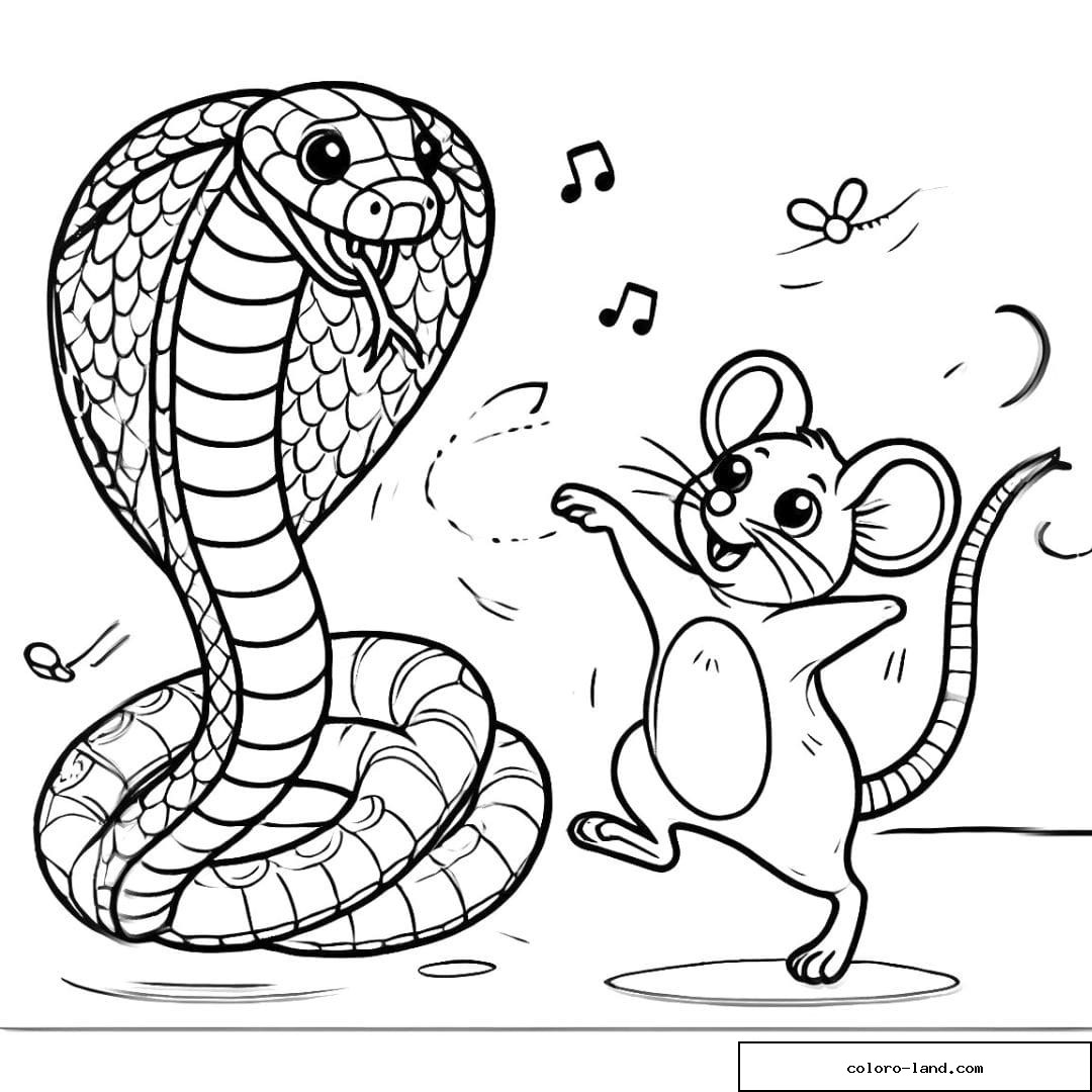 Cobra à écailles dansant avec une souris souriante