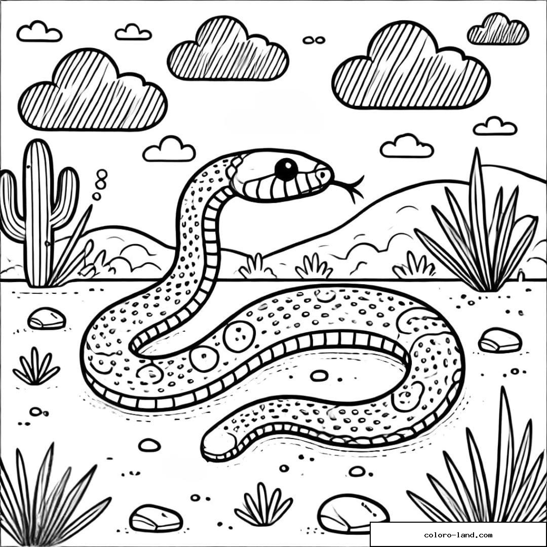 Serpent tacheté avançant dans un décor de désert avec cactus