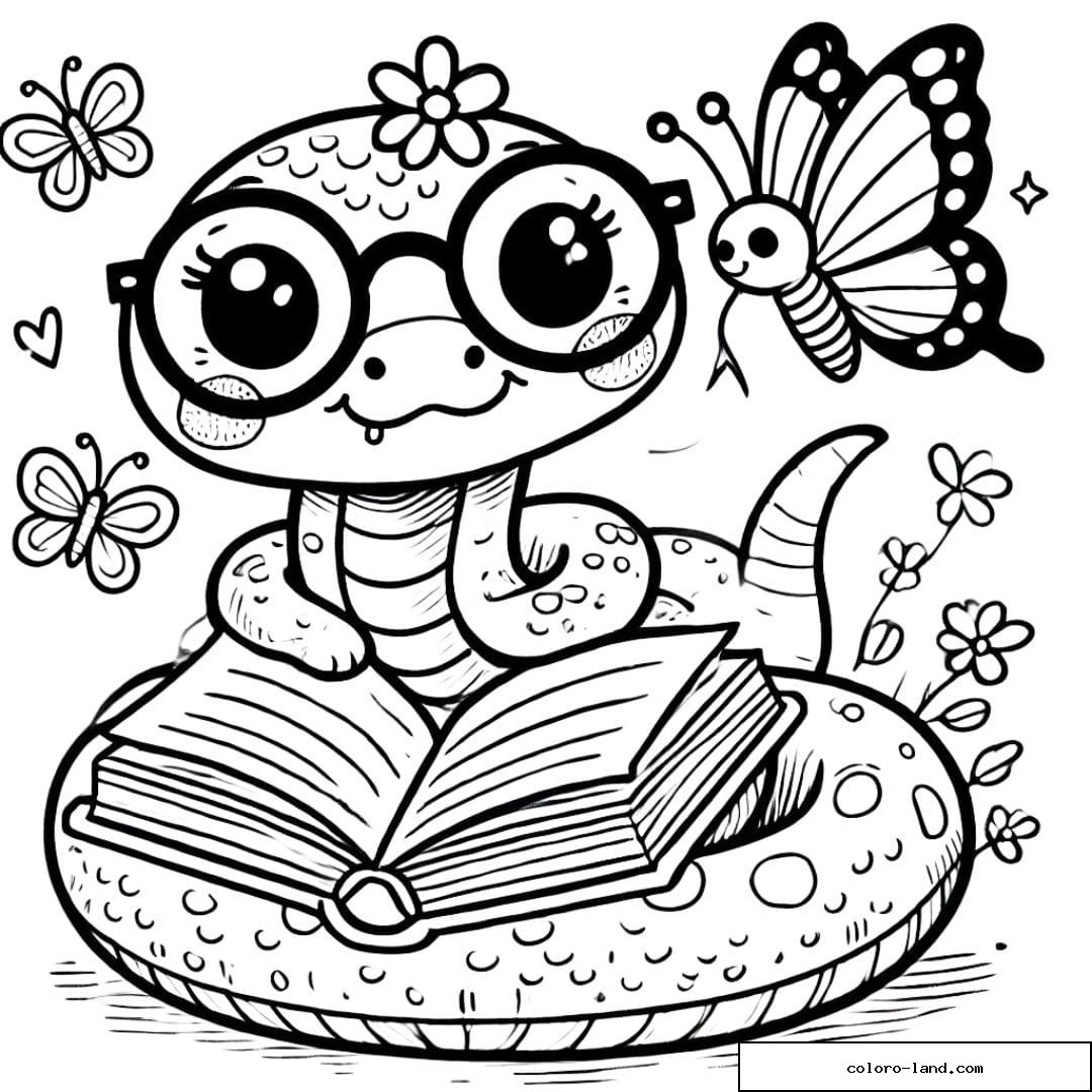 Serpent à lunettes lisant un livre entouré de papillons