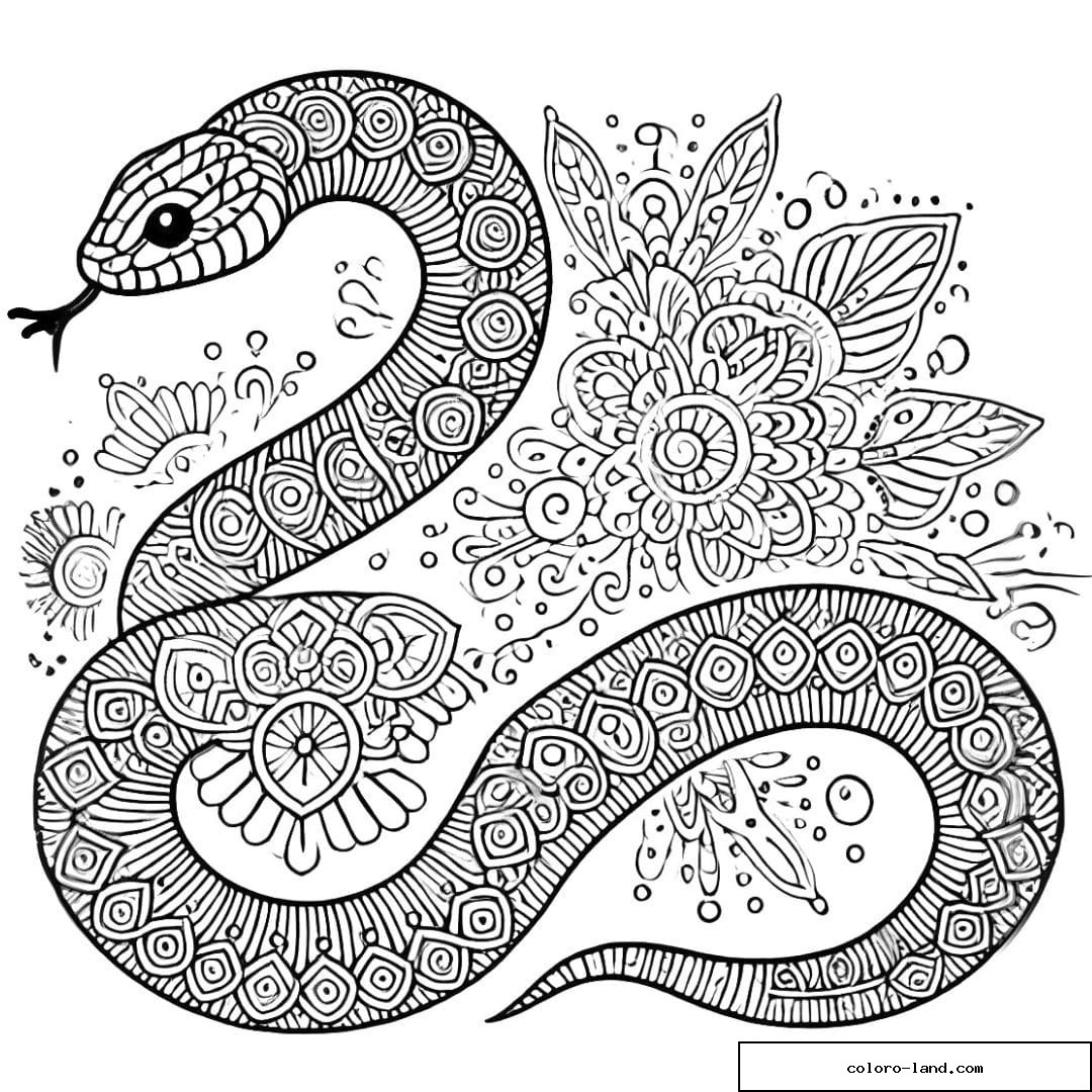 Serpent zentangle se détachant sur une grande fleur mandala