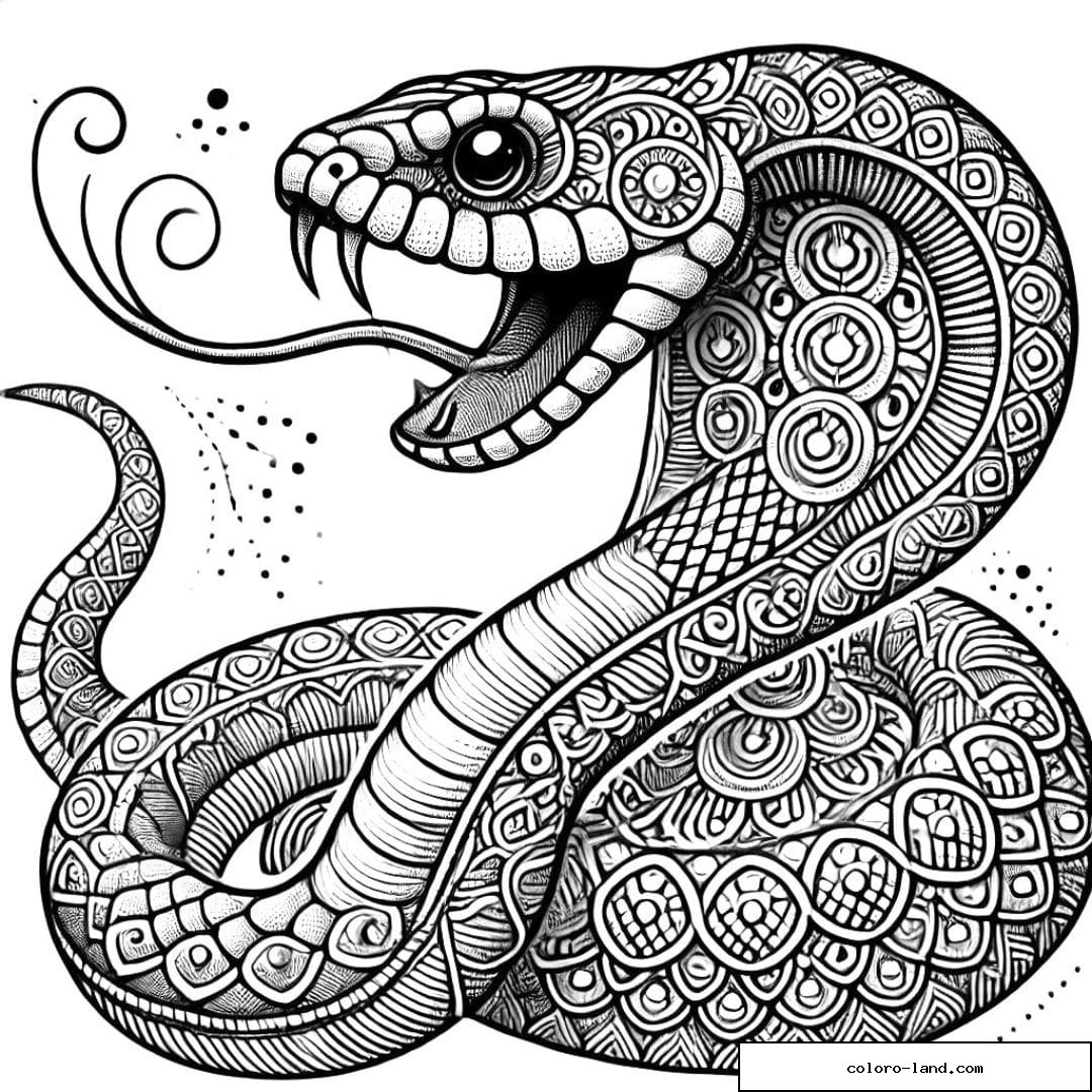 Vipère zentangle gueule ouverte avec crochets et langue fourchue