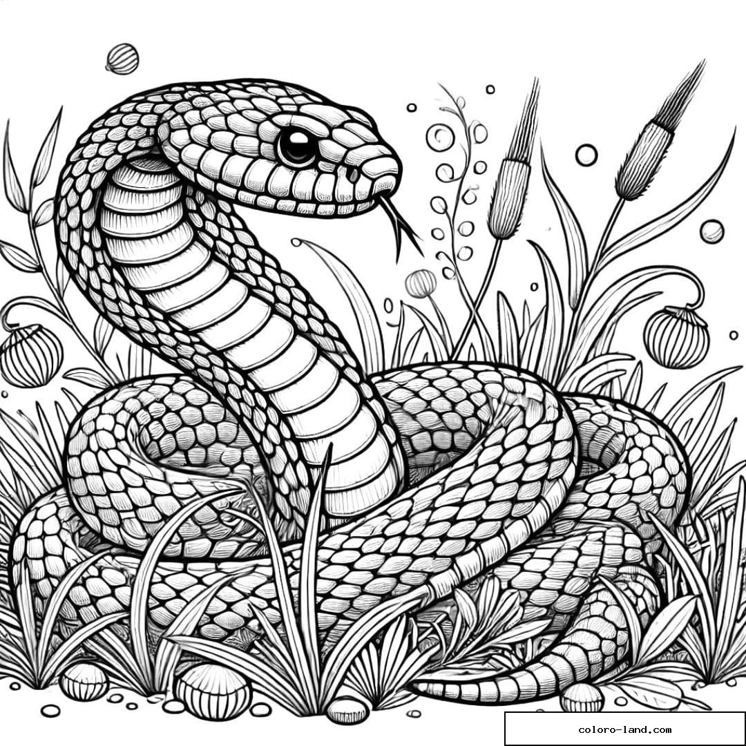 Serpent réaliste enroulé parmi les hautes herbes et quenouilles