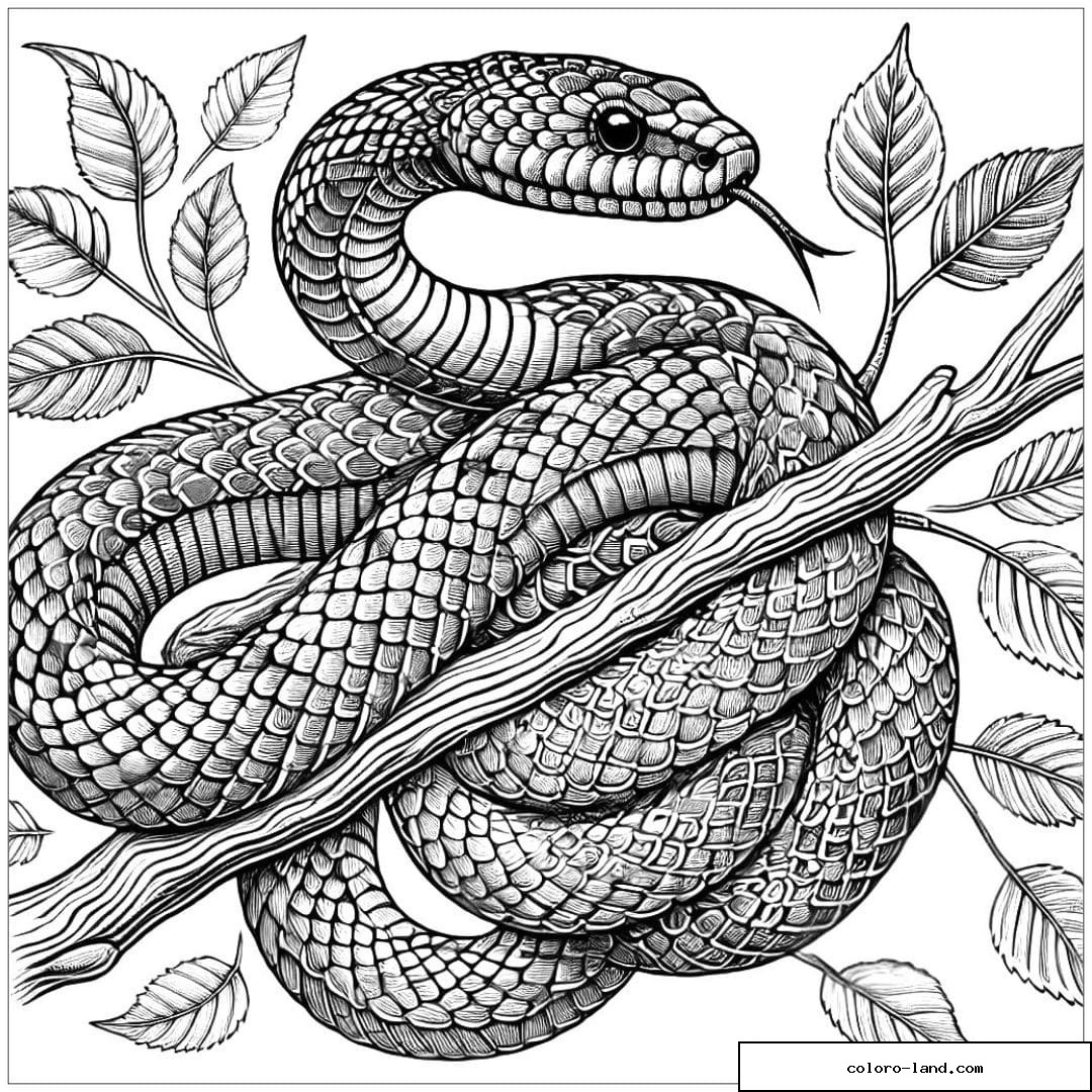 Zentangle-Schlange um einen knorrigen beblätterten Ast gewickelt
