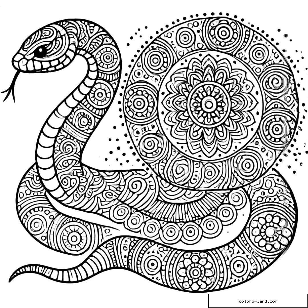 Zentangle-Schlange vor einer großen detaillierten Mandalascheibe