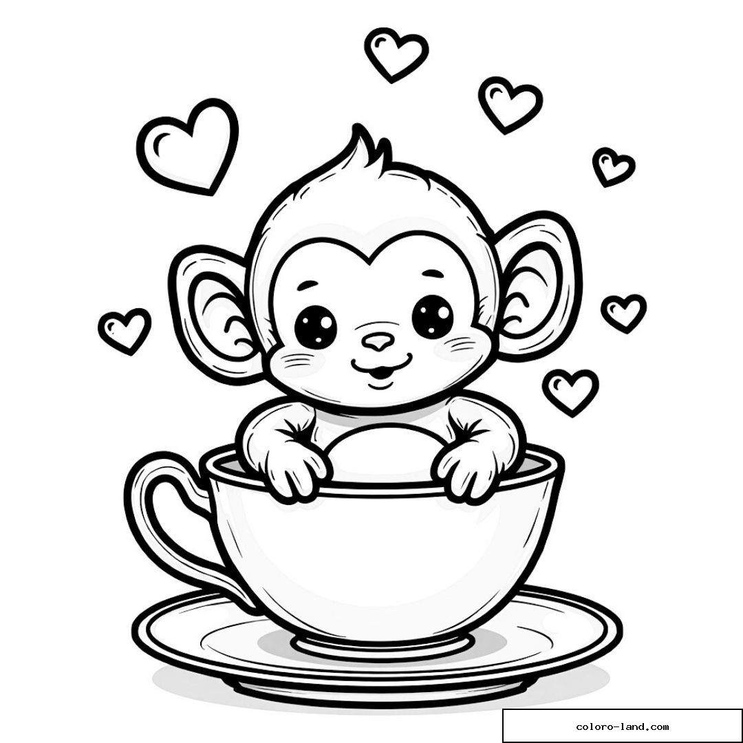 Bébé singe dans une tasse entouré de cœurs