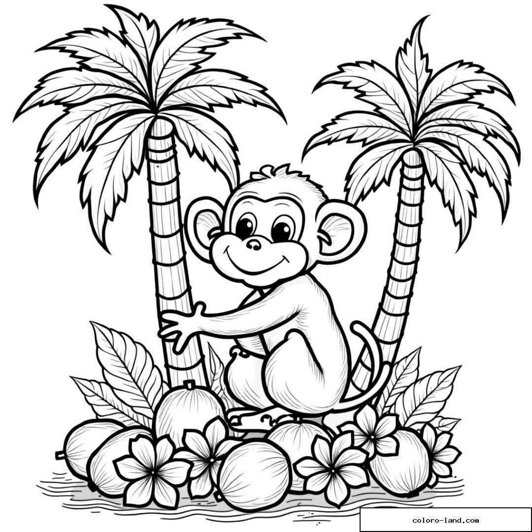 Dessin de singe tropical avec palmiers et fleurs exotiques