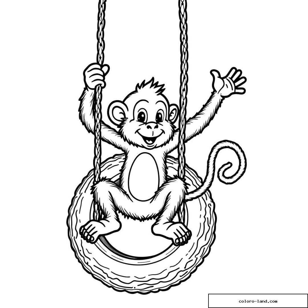 Singe souriant sur une balançoire ronde à colorier