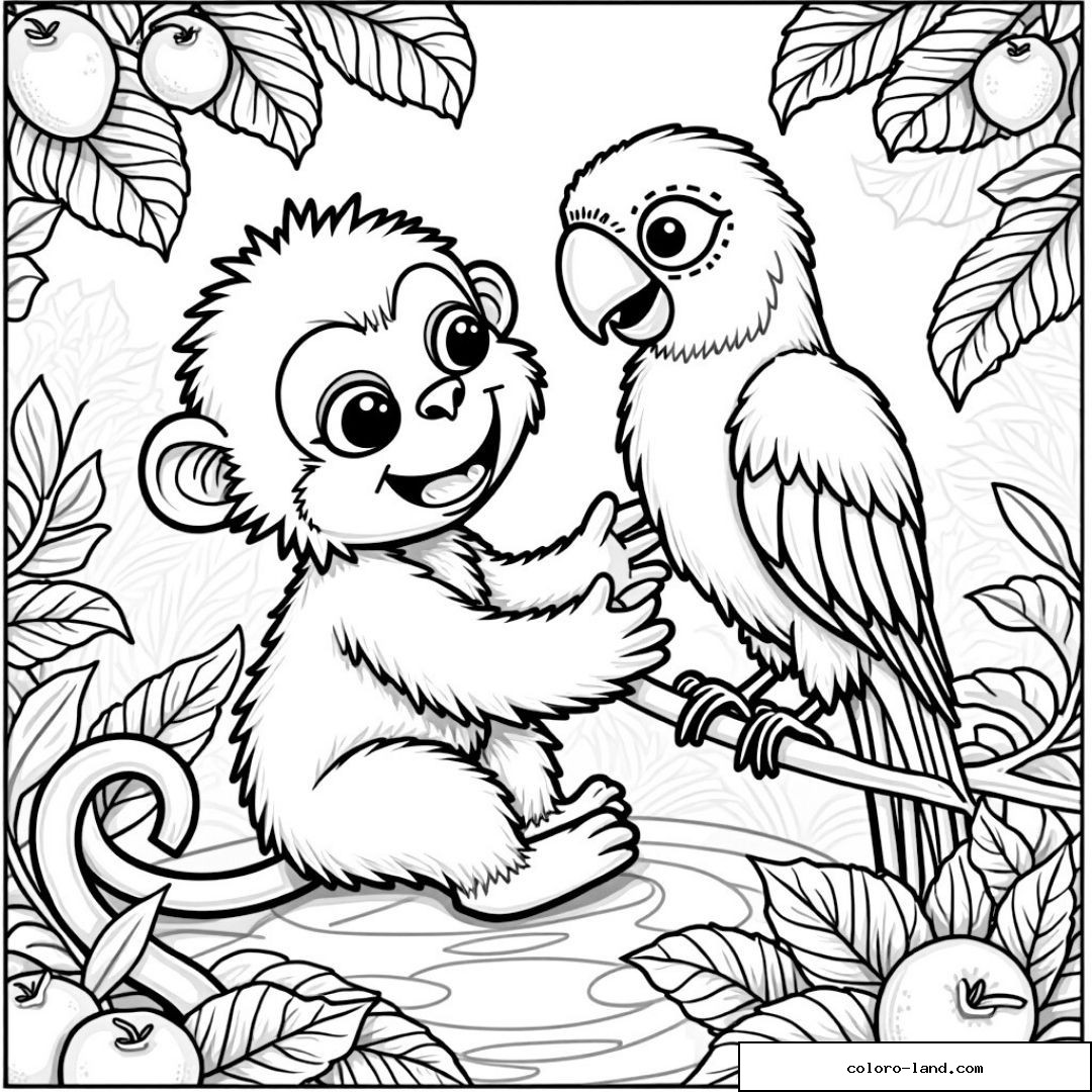 Singe souriant et perroquet se tenant dans la jungle avec feuillage.