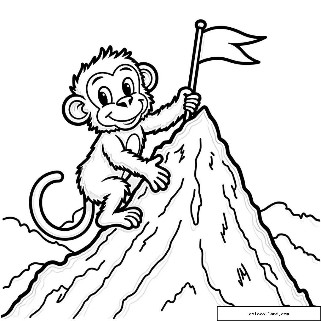 Dessin noir et blanc d'un singe souriant au sommet d'une montagne avec un drapeau.