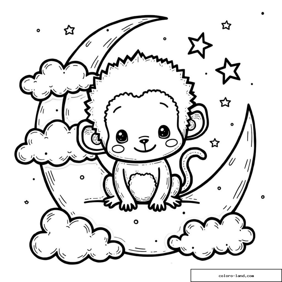 Coloriage singe enfant sur lune avec étoiles et nuages