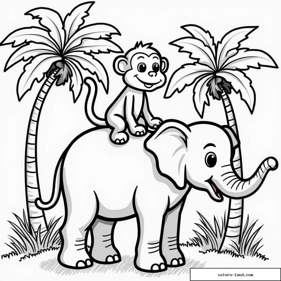Singe souriant sur un éléphant avec palmiers