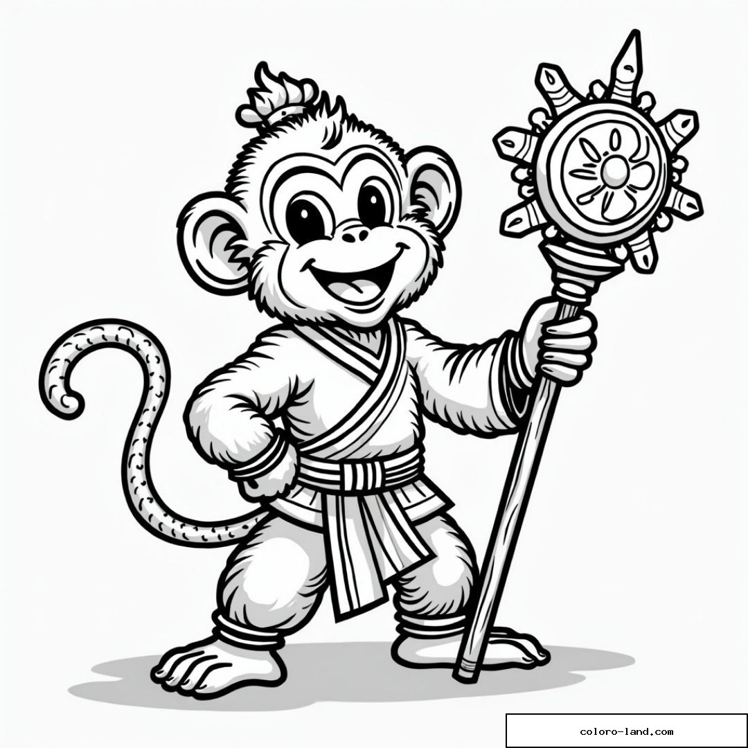 Petit singe guerrier tenant un bâton orné