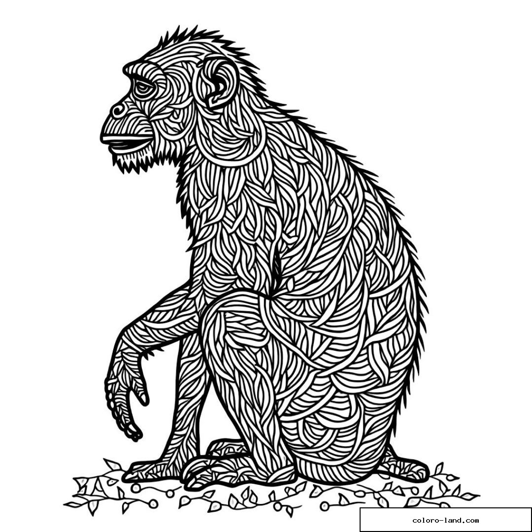 Singe assis orné de motifs détaillés à colorier