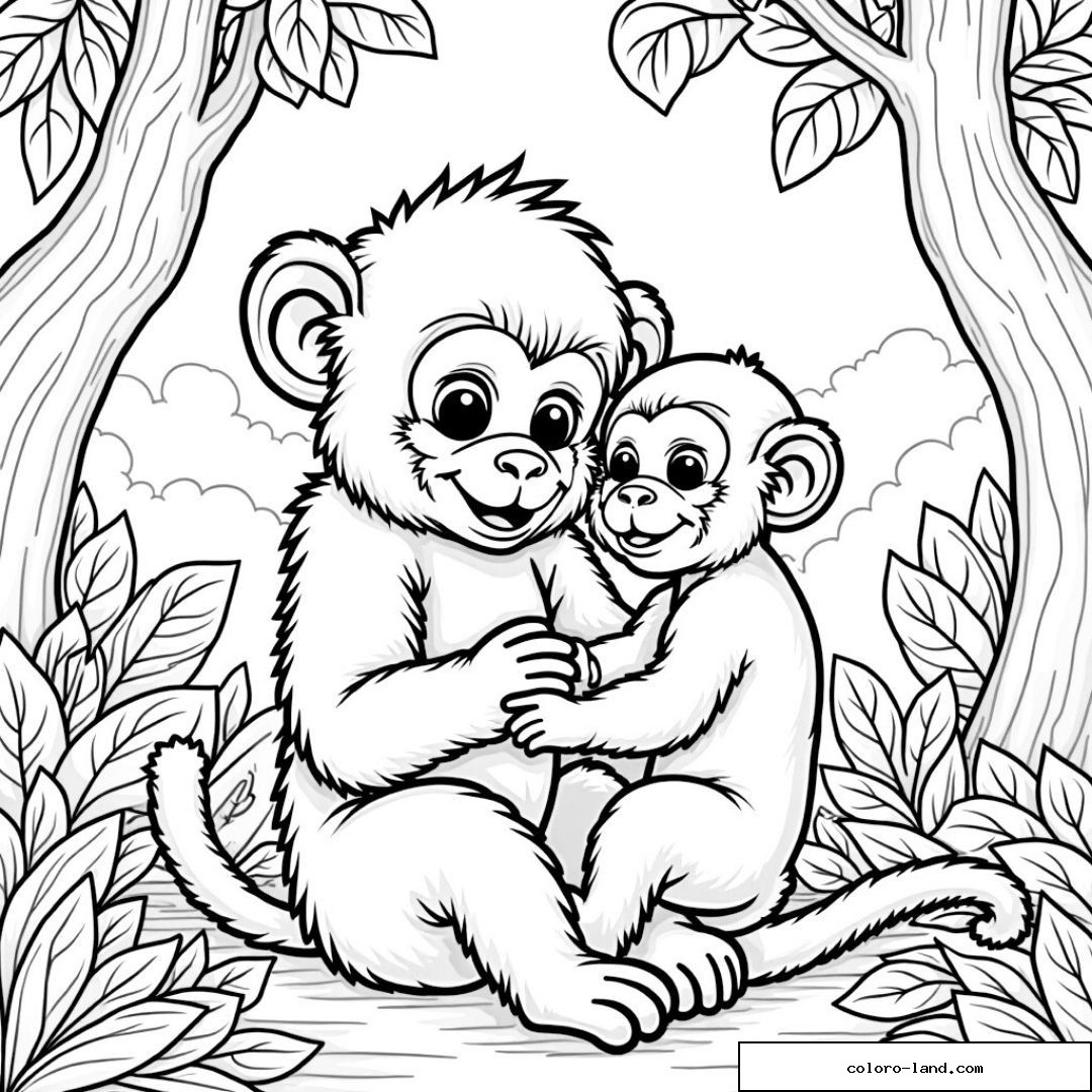 Deux singes adorables se câlinant dans une jungle luxuriante.
