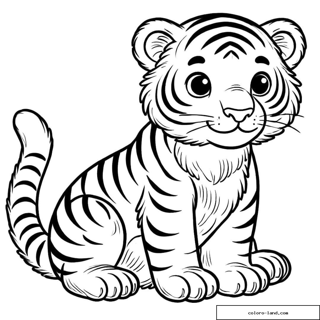 Dessin à colorier de tigre assis pour maternelle avec une pose détendue
