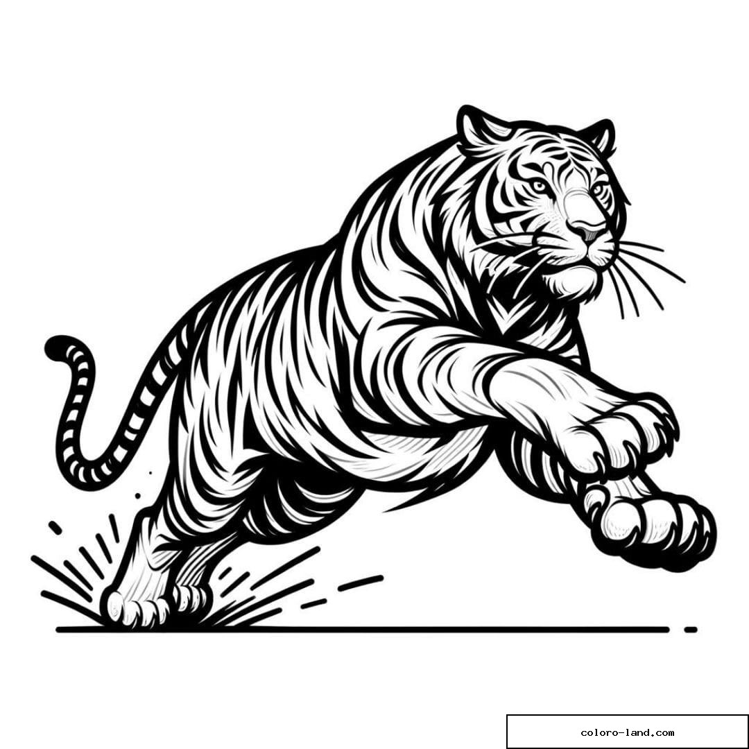 Coloriage d'un tigre bondissant capturé dans un moment d'énergie pure.