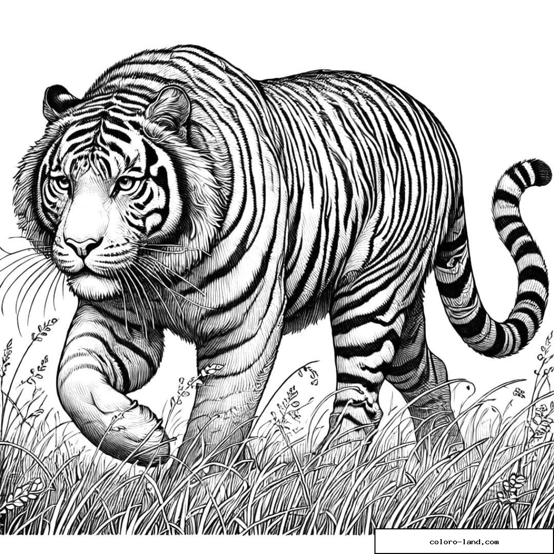 Dessin à colorier de tigre marchant dans l'herbe