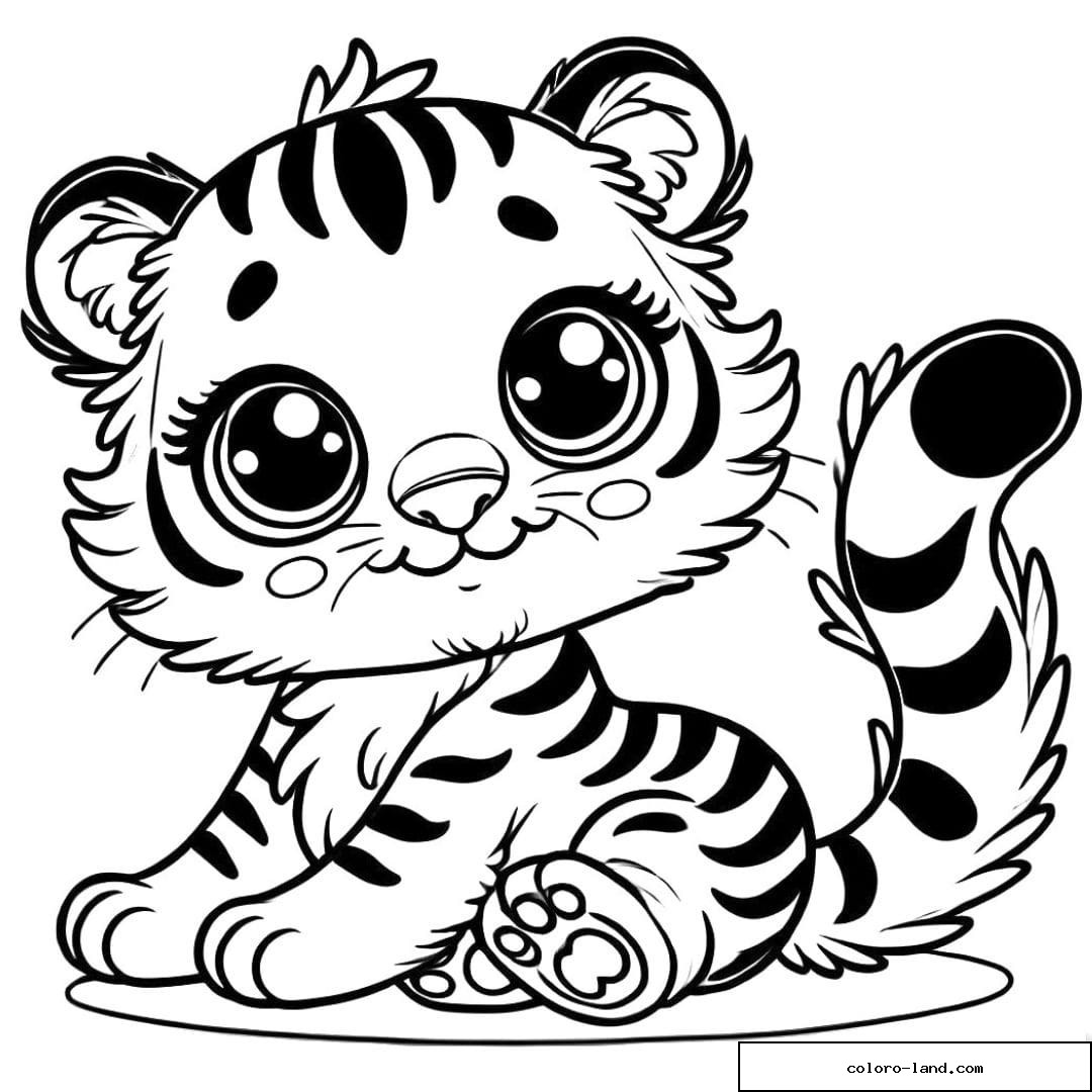 Dessin à colorier de tigre mignon avec de grands yeux et un sourire amical