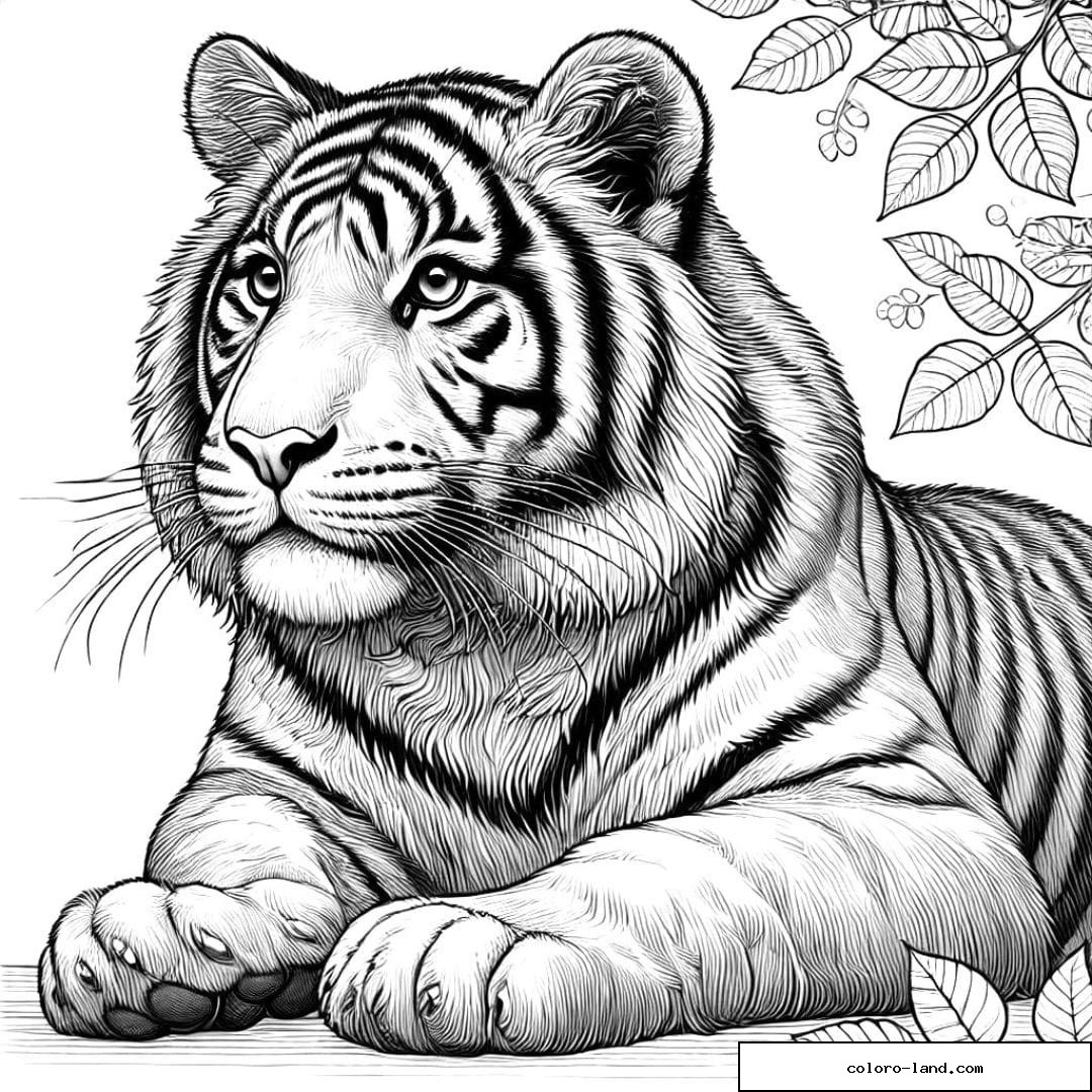 Dessin à colorier de tigre réaliste au repos avec des rayures complexes