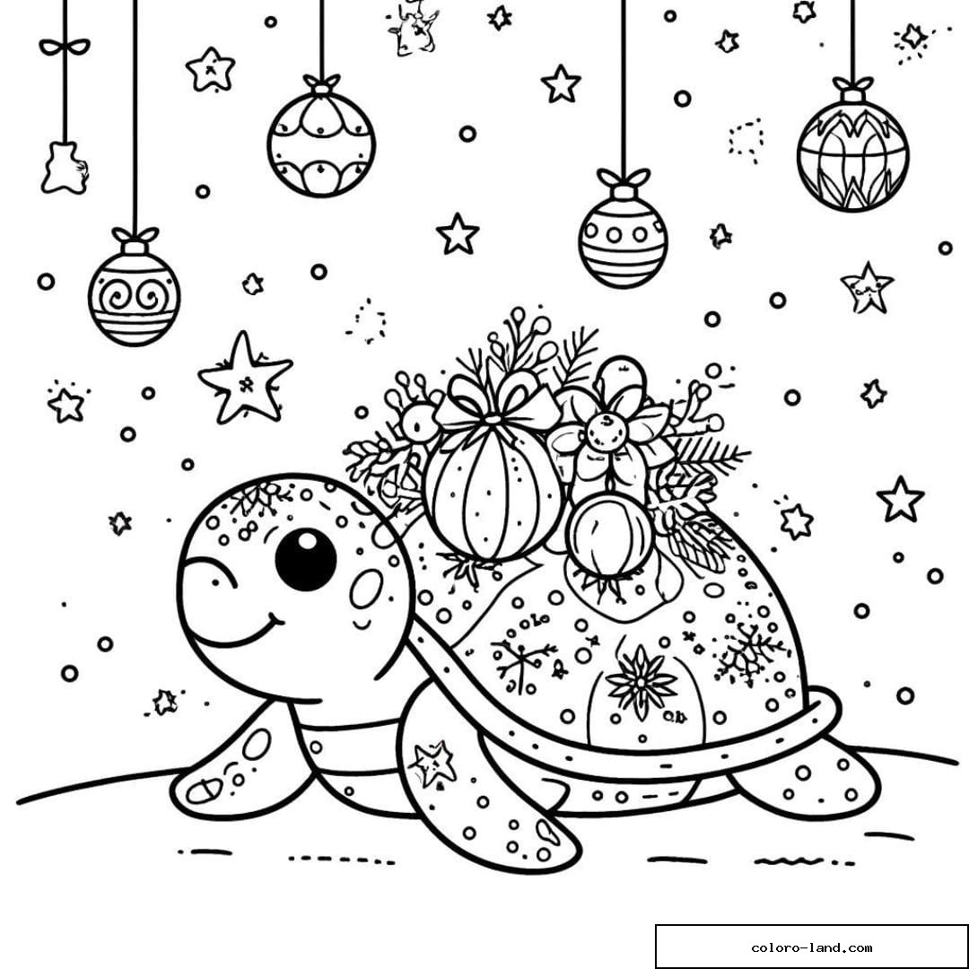 Tortue avec décorations de Noël à colorier.