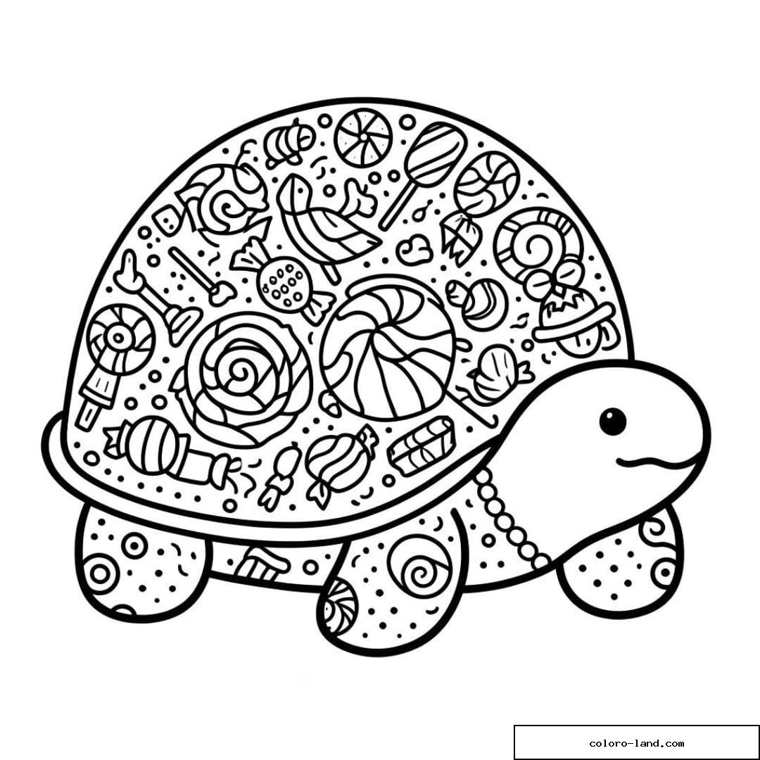 Tortue avec des motifs de bonbons à colorier.
