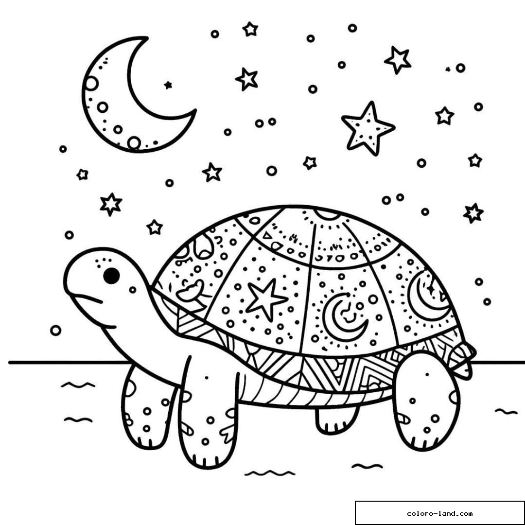 Tortue avec étoiles et lunes à colorier pour les enfants.