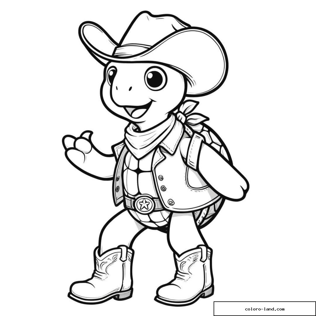 Tortue cowboy à colorier.