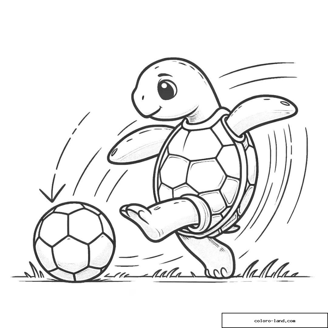 Tortue jouant au foot à colorier.