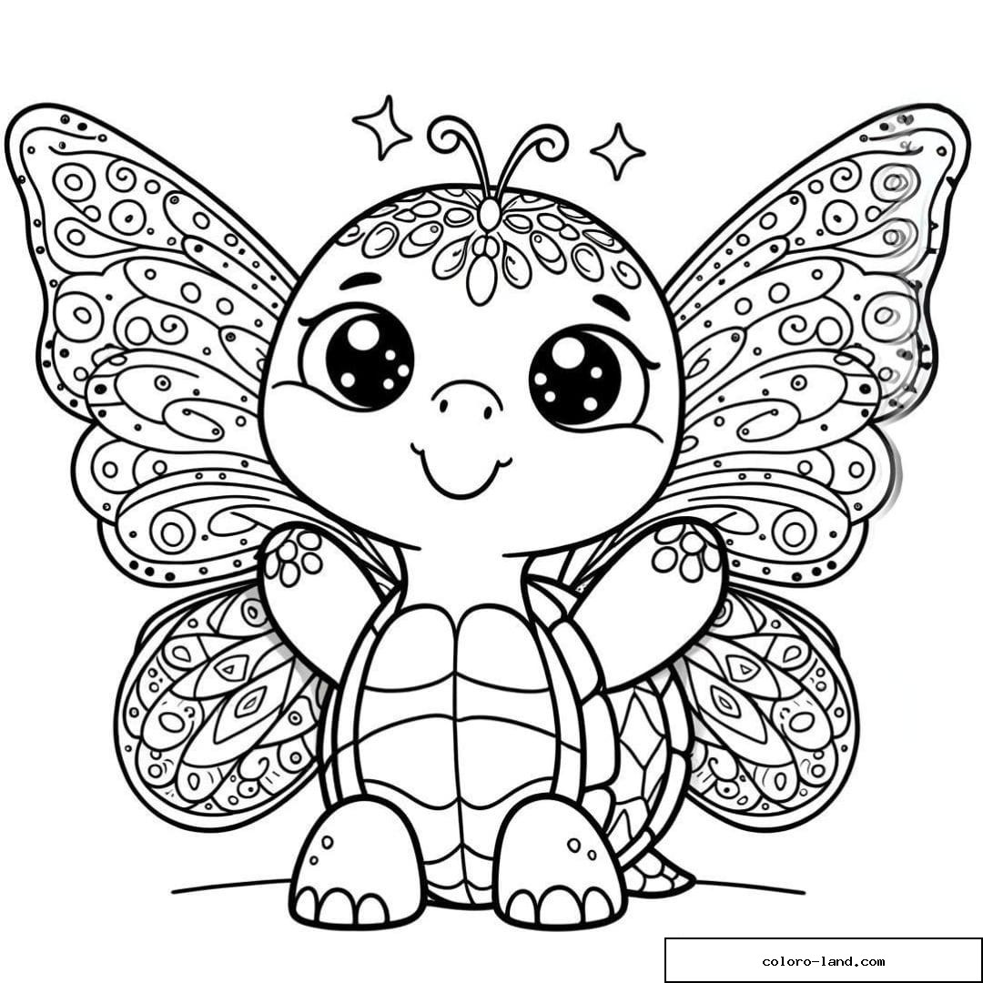 Tortue magique avec ailes de papillon à colorier.